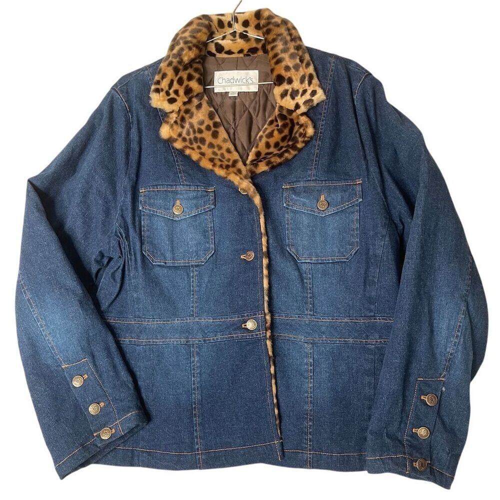 Chadwick's Women's XL Faux leopard Fur Trim Denim Jacket Y2K Vintage